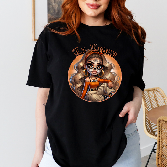 DIA DE LOS MUERTOS LA LEONA BLACK T SHIRT