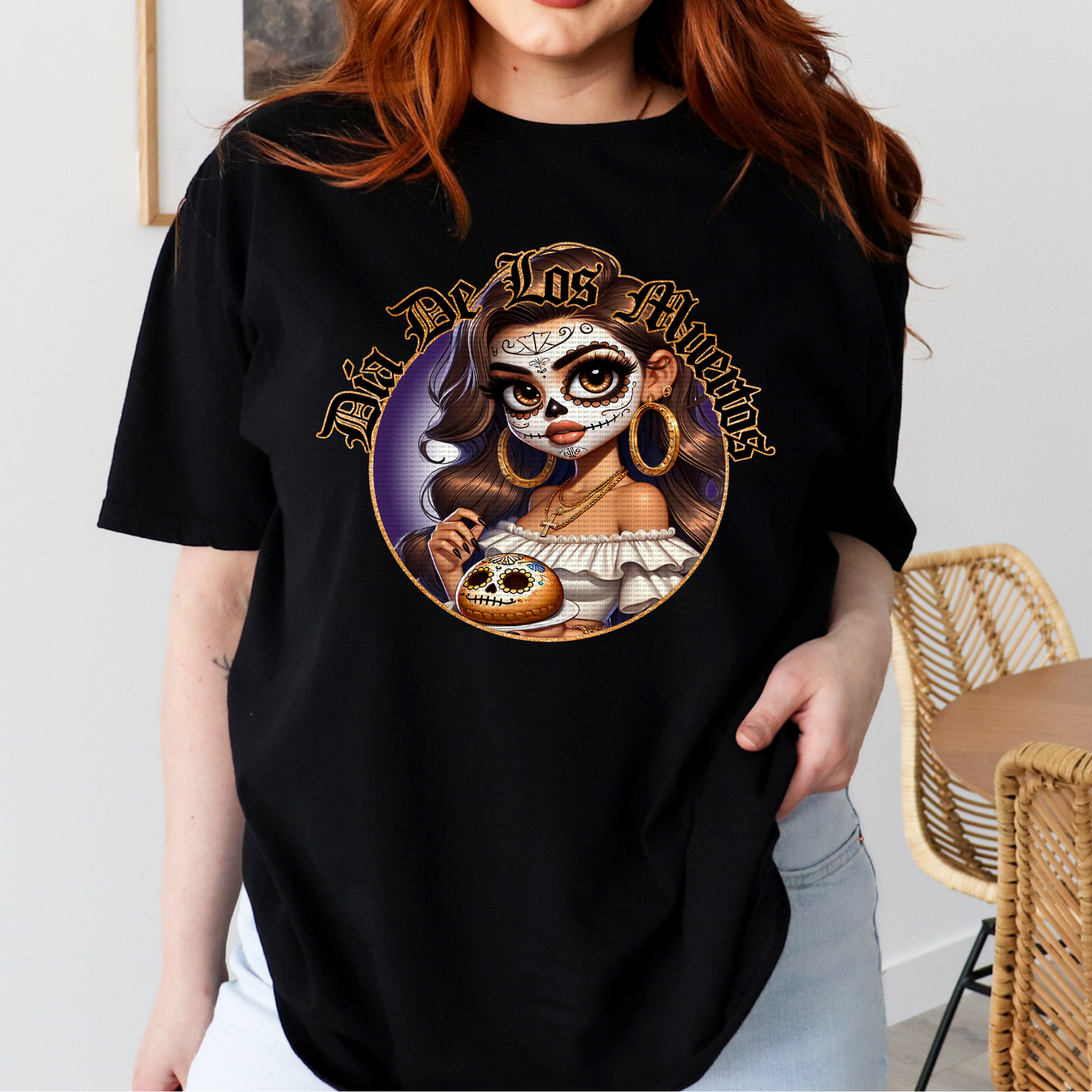 DIA DE LOS MUERTOS CHIBI STYLE BLACK T-SHIRT